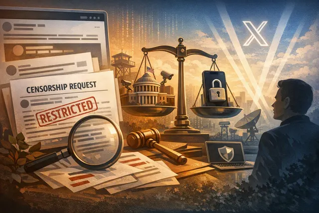 Digital illustration of a social media interface displaying a government censorship disclosure notice with identifiable agency details