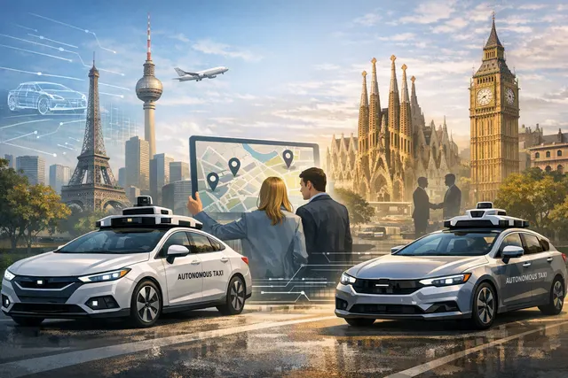 AI-generated illustration of a futuristic robotaxi with a glowing interface, representing the expanded Pony.ai and Uber autonomous vehicle partnership in European cities.
