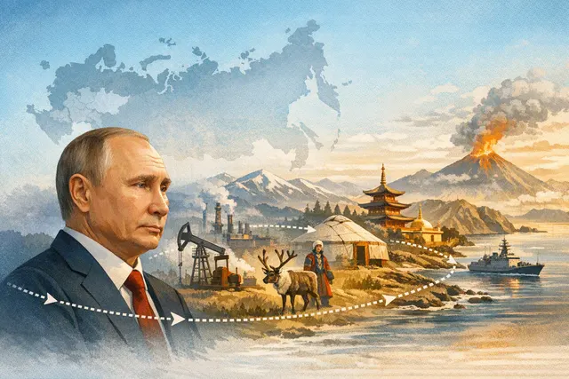 Map of Russia highlighting Siberia and the Far East, with European Russia shaded in a contrasting color to illustrate Putin's shifted travel pattern away from drone-vulnerable regi
