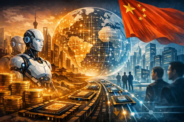 Abstract visualization of a price war between Chinese and Western AI models, represented by competing pricing charts and benchmark scores