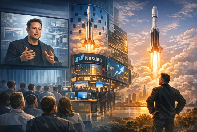 Editorial illustration depicting the SpaceX IPO and Elon Musk's rise to trillionaire status, juxtaposing stock market imagery with semiconductor manufacturing and space technology