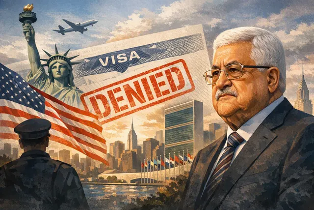 Illustration of Mahmoud Abbas and the United Nations General Assembly amid a U.S. visa dispute