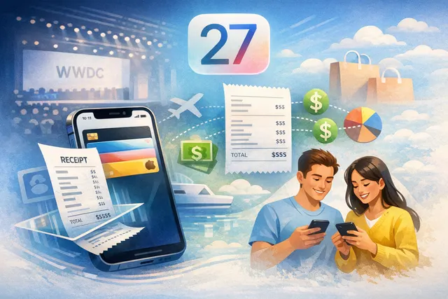 A conceptual illustration of the new iOS 27 Apple Wallet features including AI bill splitting and custom pass creation.