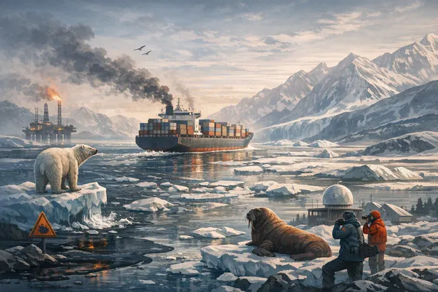 Container ship navigating icy Arctic waters along the Northern Sea Route, with sea ice and dark soot particles symbolizing black-carbon pollution