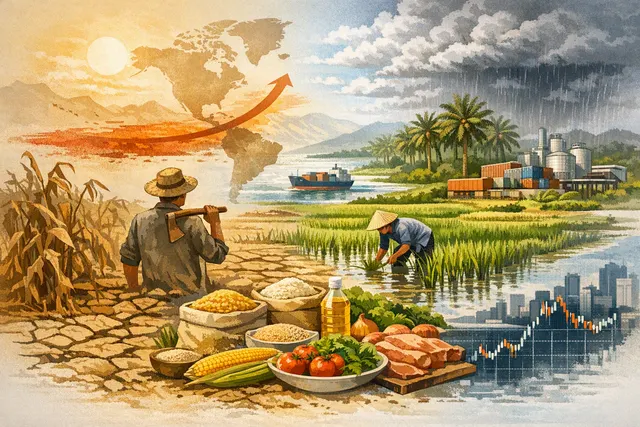 Editorial illustration of drought-stricken farmland, rice crops and palm trees under a hot El Niño sky