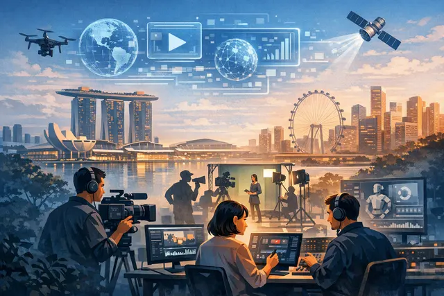 Editorial illustration of Singapore media creators using AI tools to produce digital video content