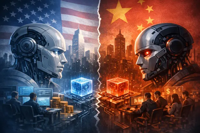 Abstract editorial illustration of DeepSeek and OpenAI competing over AI pricing, access, and developer demand