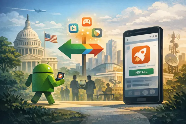 Conceptual illustration of the Aptoide app store icon appearing inside Google Play on an Android smartphone, symbolizing the return of a third-party app store to the platform.