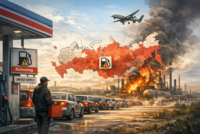 Fuel rationing sign at a Russian gas station, with pumps in the background and a queue of vehicles extending along a city street