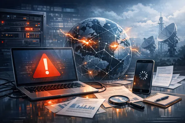 An abstract 3D visualization of interconnected social media platform nodes going offline, representing the Meta outage on July 27, 2026