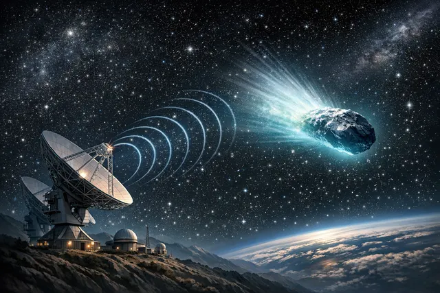 Artistic rendering of the interstellar comet 3I/ATLAS emitting a faint trail of gas and dust while being scanned for radio signals by a network of observatories on Earth, with no a
