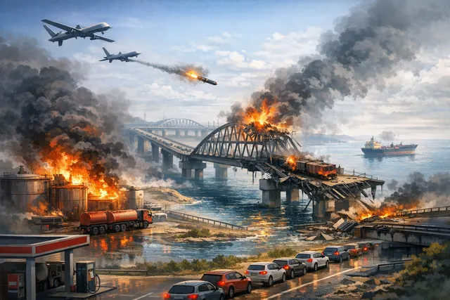 An aerial view of a destroyed bridge and highway network with burning fuel trucks, isolated on the Crimean peninsula, symbolizing the severed supply routes due to sustained drone s