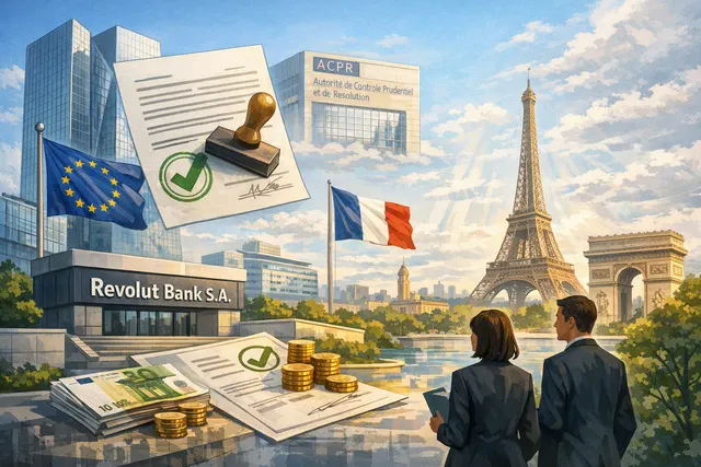A futuristic digital illustration of the Revolut app interface with a French flag and banking license document in the background, symbolizing the fintech's new regulatory approval