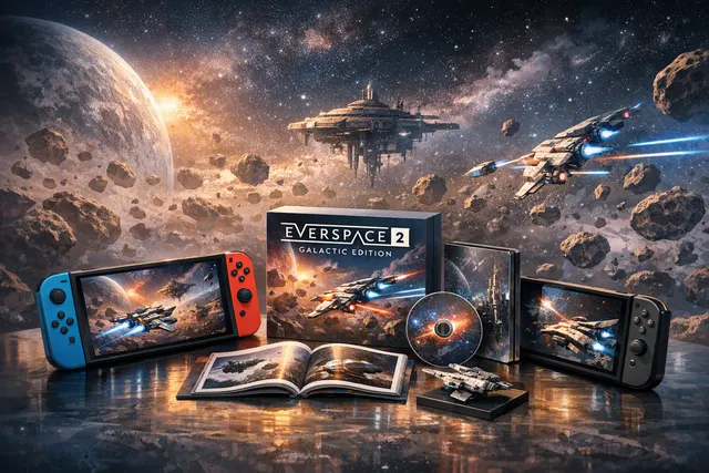 Everspace 2: Galactic Edition box art with starship, explosions, and a nebulae-filled space backdrop on Nintendo Switch 2 screen