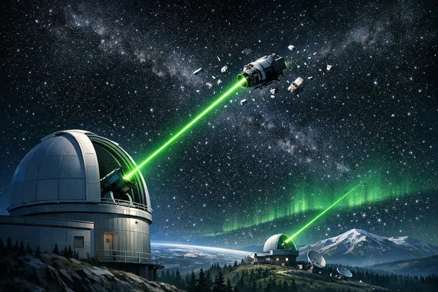 Illustration of a ground-based laser station tracking small space debris fragments orbiting Earth against a dark space background