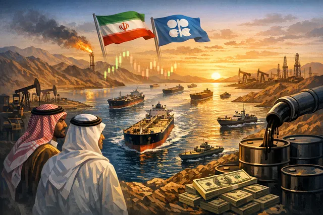 An oil tanker navigating past a map of the Strait of Hormuz, with a downward-trending price chart in the background, symbolizing the potential price drop upon the strait's reopenin