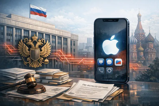 Scale of justice and Apple logos representing the antitrust conflict between Russia's Federal Antimonopoly Service and Apple over mandatory app pre-installation