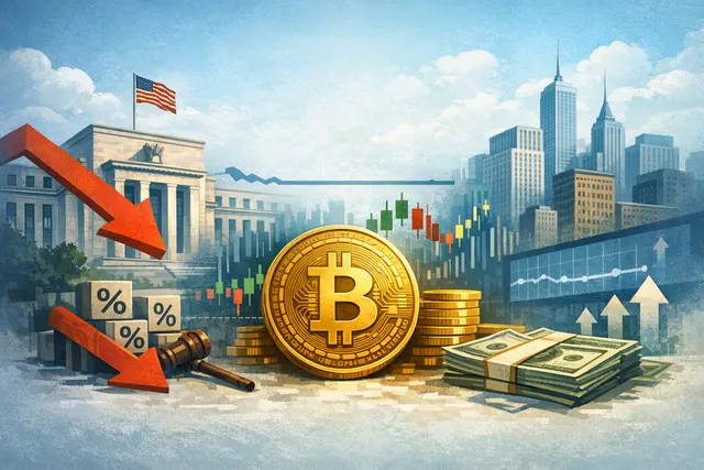 A financial market concept image showing a Bitcoin coin next to a declining US PPI chart and a falling Fed interest rate arrow, symbolizing the flat July PPI report and its impact