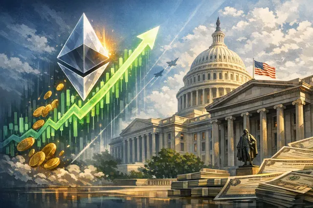 Editorial illustration of Ethereum rising alongside U.S. Treasury bonds and market liquidation signals