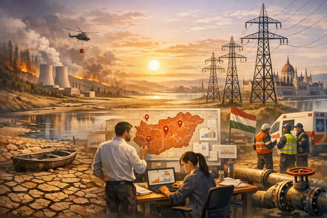 A conceptual illustration of Hungary's 2026 energy crisis: a parched Danube riverbed, a nuclear power plant cooling tower, and a glowing energy grid.