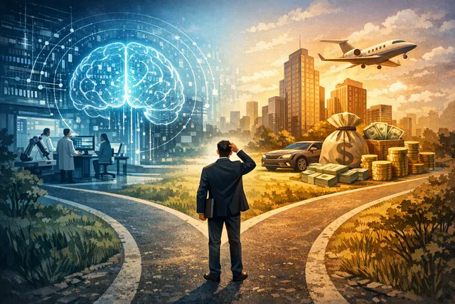 Dario Amodei, CEO of Anthropic, expressing concern about new hires joining for financial gain over AI safety mission, amidst a landscape of AI talent wars and corporate logos.