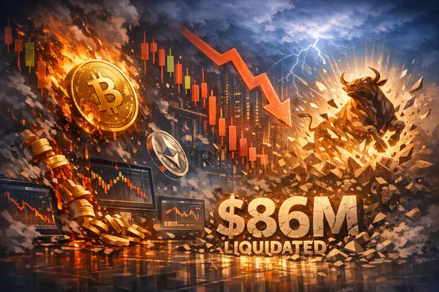 Crypto futures liquidation chart showing over $86 million in liquidations with Bitcoin, Ethereum, and Akedo Games data on August 14, 2026