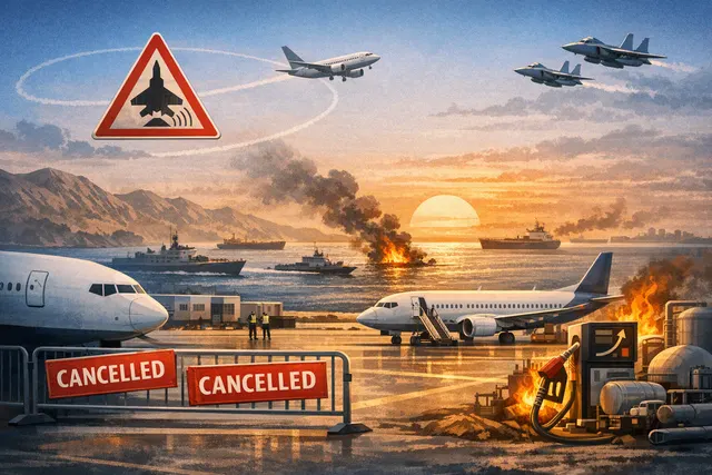 Editorial illustration of an aircraft flying over the Strait of Hormuz with military activity and oil tankers in the background