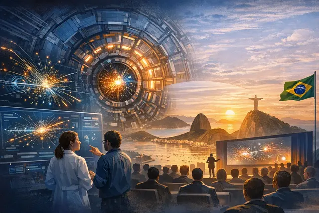Illustration of the ATLAS detector at CERN with particle collision tracks and a Z boson pair event, representing new physics results unveiled at ICHEP 2026