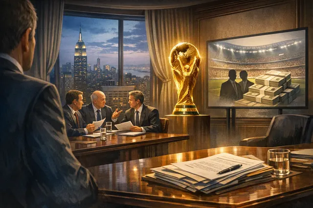 An illustration of the Waldorf Astoria hotel in Manhattan, site of the ultimatum meeting where FIFA directors were told to approve the World Cup privatization plan or be replaced.