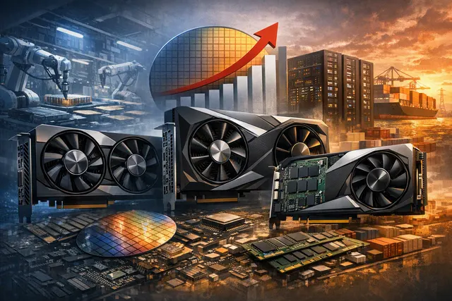 Editorial composite showing GPU circuit board, memory chips, and a MacBook Air against a graph of rising prices, representing the 2026 GPU and MacBook Air price surge caused by AI