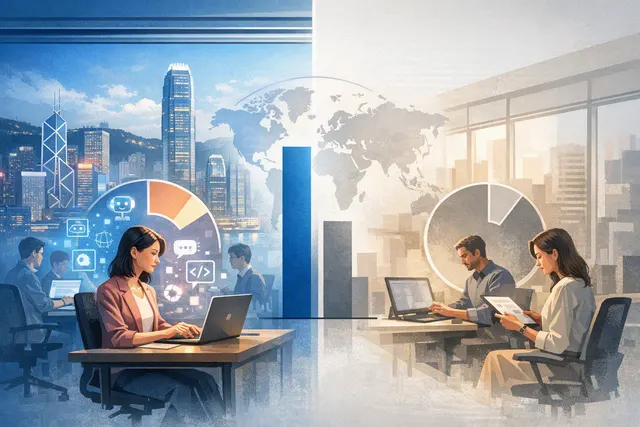 Hong Kong skyline with AI-themed digital overlay representing workplace AI adoption