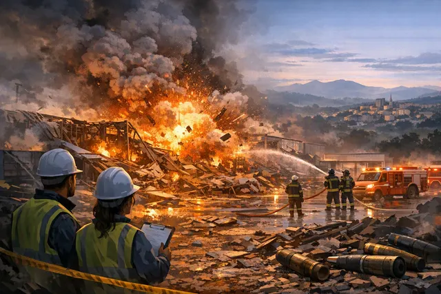 Plume of smoke rising from the KNDS Ammo Italy plant explosion in Colleferro, Italy