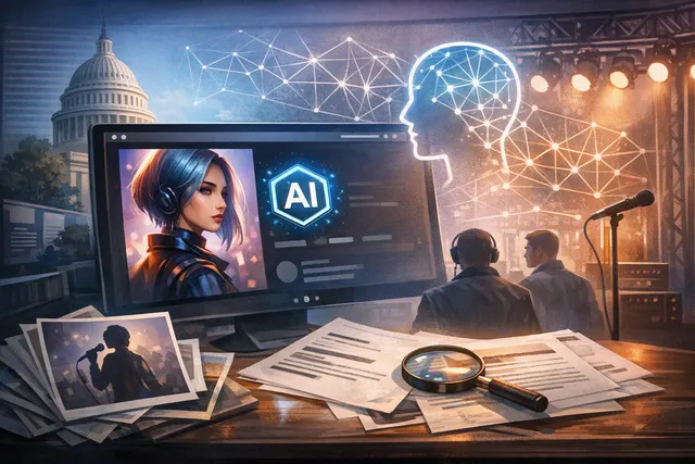 Spotify app interface showing an AI Persona badge on an artist profile, symbolizing the new policy for labelling synthetic artists