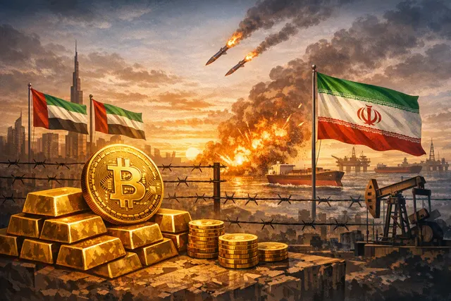 Gold bars and a Bitcoin symbol against a Gulf shipping route and financial-market backdrop