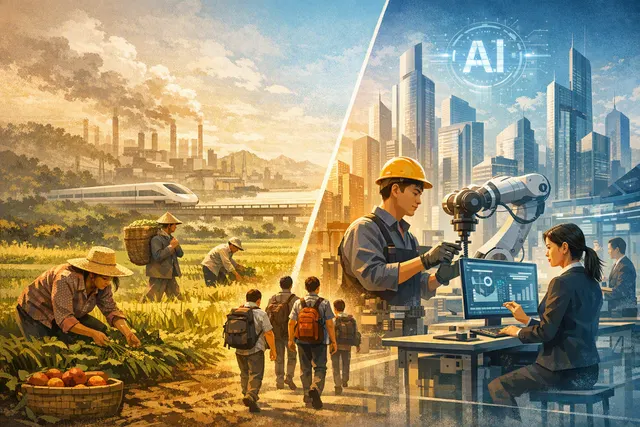 Illustration of China's K-shaped economic divergence, with high-tech factories and AI symbols on one arm and migrant workers in agriculture and service jobs on the other