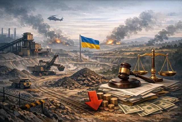 Illustration of a damaged cargo vessel in the Black Sea near Ukrainian port infrastructure, representing the Russian drone attack on a Ferrexpo iron ore pellet carrier.