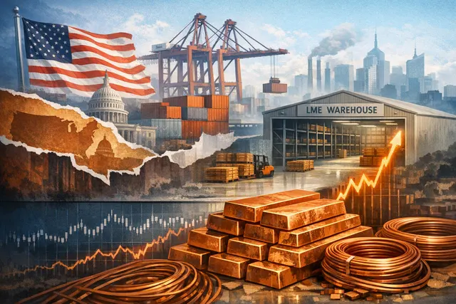 Copper metal cubes piled on a white surface with a blurred background of price charts and factory equipment