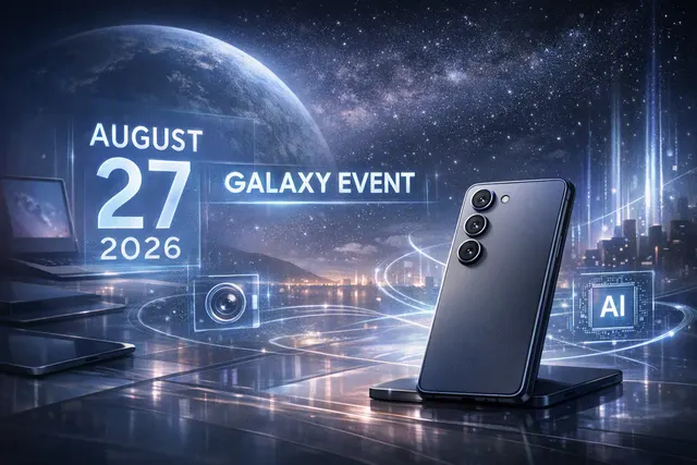 Samsung Galaxy S26 FE concept phone beside an August 27 Galaxy Event livestream graphic