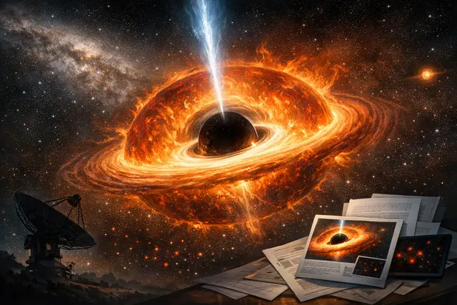 An artist's impression of a black hole star—a supermassive black hole surrounded by a dense, star-like hydrogen cocoon, glowing intensely red as it feeds at extreme rates in the ea