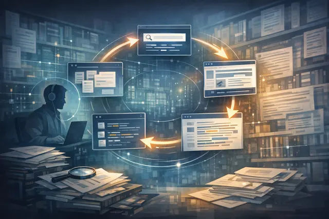 Abstract illustration of an AI agent searching and navigating a stack of complex enterprise documents