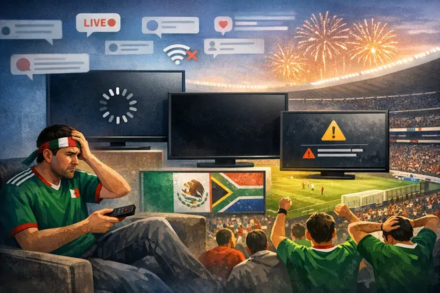 A smartphone and tablet displaying error messages and buffering icons during a live sports broadcast, symbolizing the 2026 FIFA World Cup streaming failures on ViX, ZEE5, and SABC
