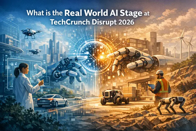TechCrunch Disrupt 2026 Real World AI Stage concept: a robot arm and futuristic city skyline in San Francisco