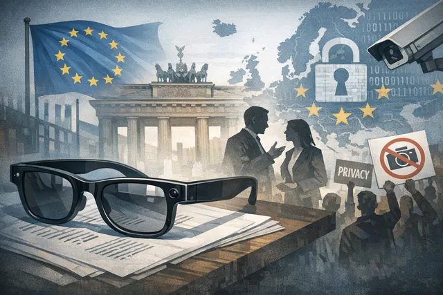 Illustration of Meta Ray-Ban smart glasses with a faint red recording LED and a privacy warning symbol overlay