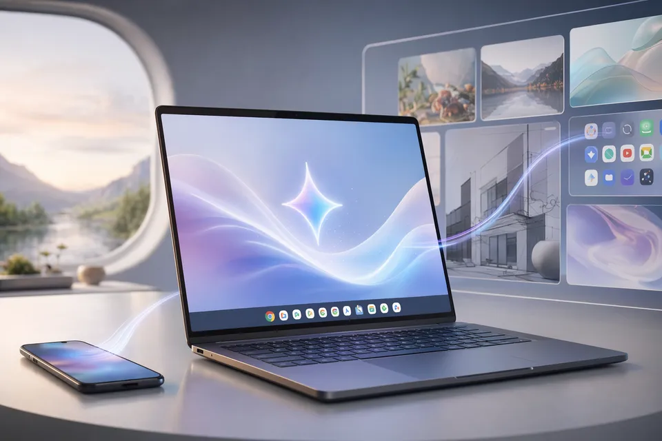 Editorial illustration of a Gemini-powered Googlebook laptop connected to Android and ChromeOS-style interface elements