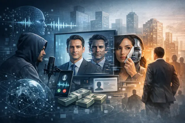 A glowing digital mask of a face hovering over a smartphone keyboard, representing AI deepfake impersonation and voice cloning fraud in financial scams.