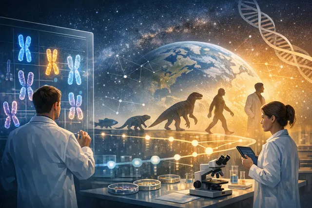 Illustration of animal chromosomes branching through interconnected evolutionary pathways