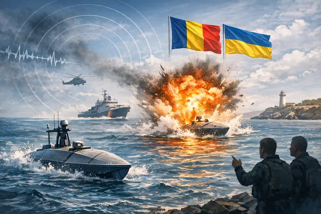 A naval drone exploding near a port terminal with military vessels in the background
