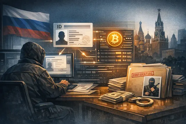 Illustration of cryptocurrency transaction records and personal documents being reviewed by Russian investigators