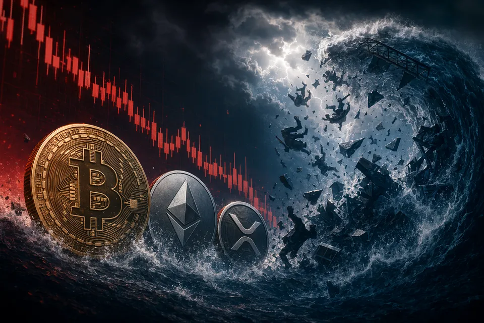Crypto market liquidation cascade visualization with Bitcoin and Ethereum price drop