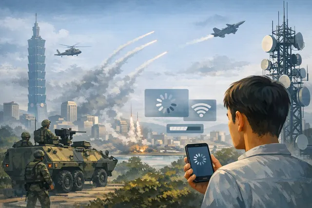 Taipei street during Han Kuang air raid drill with empty roads and digital overlay representing mobile internet throttling